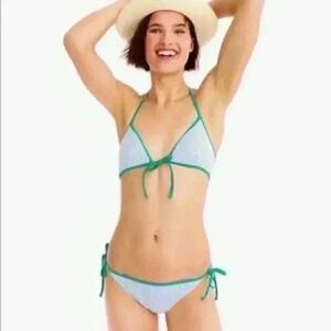 J. Crew blue seersucker w/ green tipped tie sides bikini swim bottoms Sz xxl